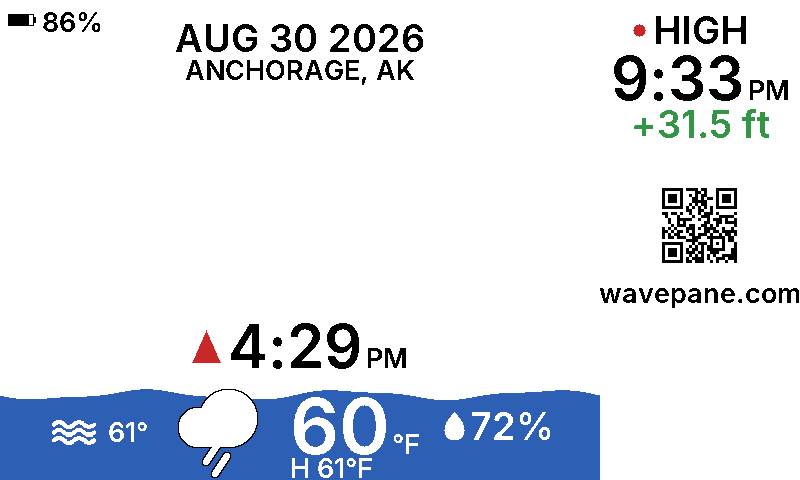 A Wavepane display showing the tide at Anchorage, Alaska: the current water level as a wave, the next tide time, and today's weather.