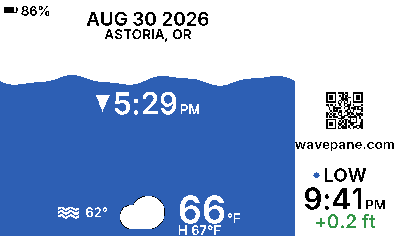 A Wavepane display showing the tide at Astoria, Oregon: the current water level as a wave, the next tide time, and today's weather.