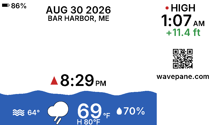 A Wavepane display showing the tide at Bar Harbor, Maine: the current water level as a wave, the next tide time, and today's weather.