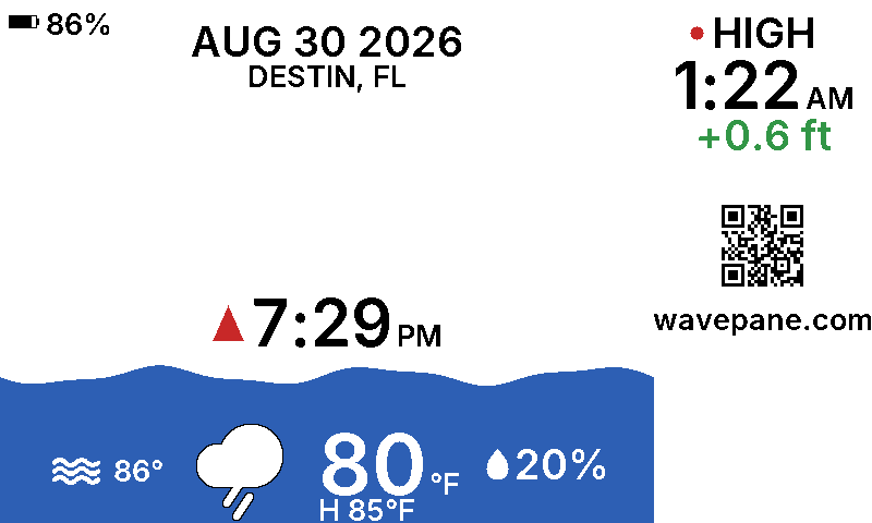 A Wavepane display showing the tide at Destin, Florida: the current water level as a wave, the next tide time, and today's weather.