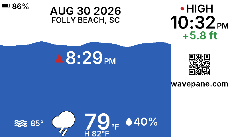 A Wavepane display showing the tide at Folly Beach, South Carolina: the current water level as a wave, the next tide time, and today's weather.