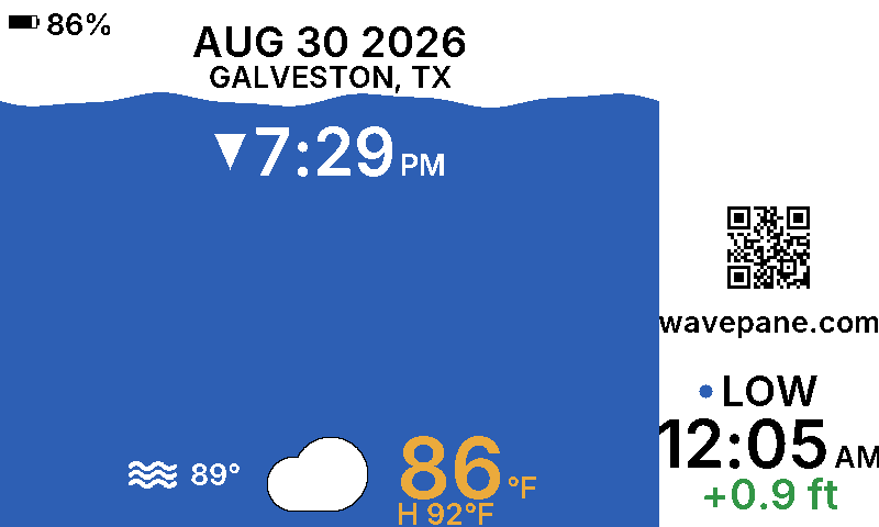 A Wavepane display showing the tide at Galveston, Texas: the current water level as a wave, the next tide time, and today's weather.