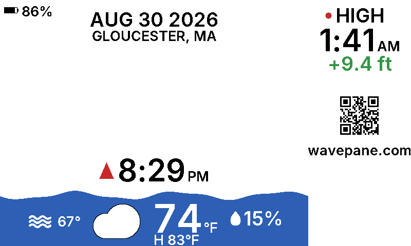 A Wavepane display showing the tide at Gloucester, Massachusetts: the current water level as a wave, the next tide time, and today's weather.
