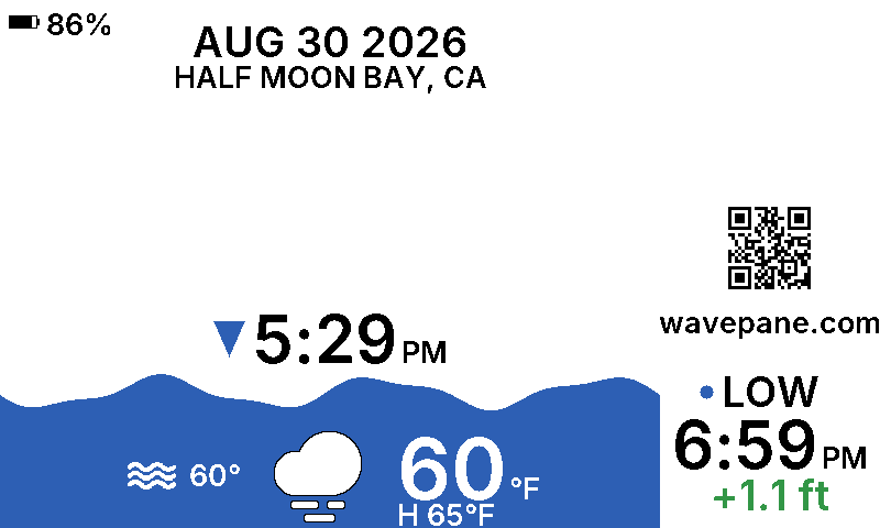 A Wavepane display showing the tide at Half Moon Bay, California: the current water level as a wave, the next tide time, and today's weather.