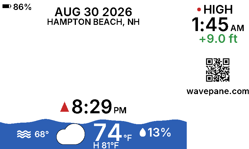 A Wavepane display showing the tide at Hampton Beach, New Hampshire: the current water level as a wave, the next tide time, and today's weather.