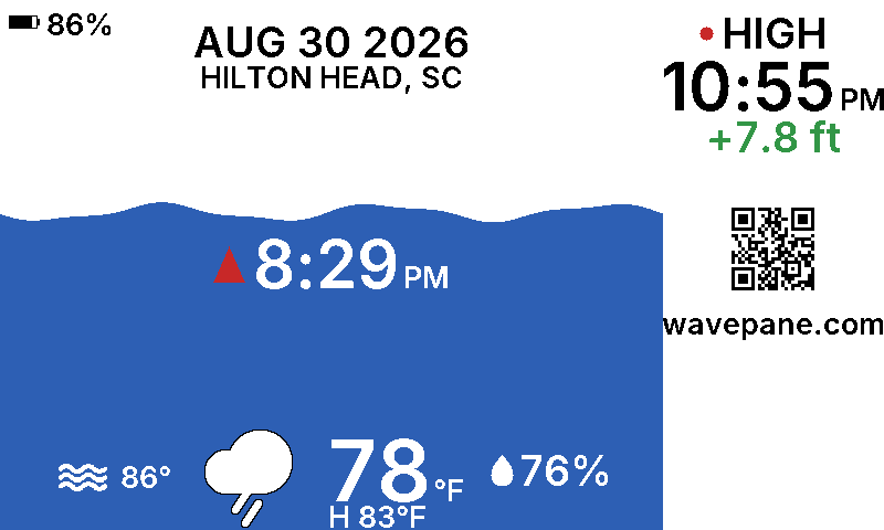 A Wavepane display showing the tide at Hilton Head, South Carolina: the current water level as a wave, the next tide time, and today's weather.
