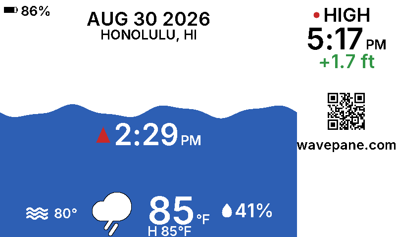A Wavepane display showing the tide at Honolulu, Hawaii: the current water level as a wave, the next tide time, and today's weather.