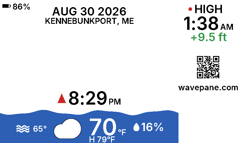 A Wavepane display showing the tide at Kennebunkport, Maine: the current water level as a wave, the next tide time, and today's weather.