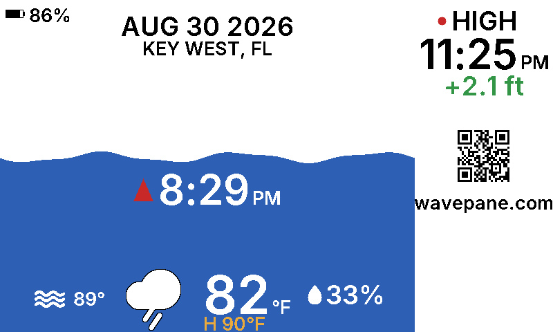 A Wavepane display showing the tide at Key West, Florida: the current water level as a wave, the next tide time, and today's weather.