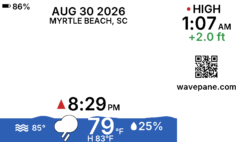 A Wavepane display showing the tide at Myrtle Beach, South Carolina: the current water level as a wave, the next tide time, and today's weather.