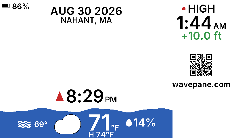 A Wavepane display showing the tide at Nahant, Massachusetts: the current water level as a wave, the next tide time, and today's weather.