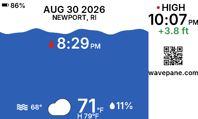 A Wavepane display showing the tide at Newport, Rhode Island: the current water level as a wave, the next tide time, and today's weather.