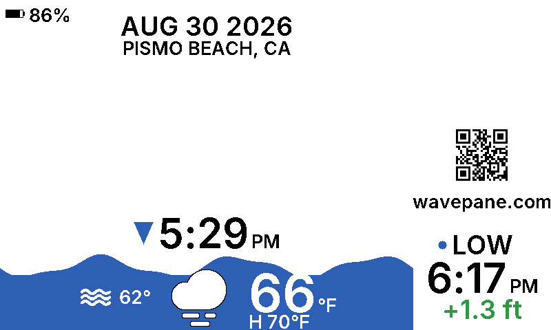 A Wavepane display showing the tide at Pismo Beach, California: the current water level as a wave, the next tide time, and today's weather.