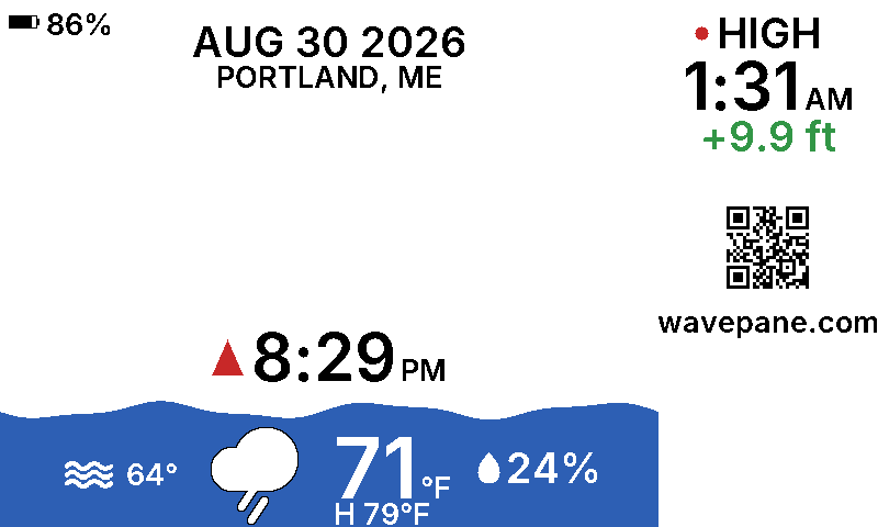 A Wavepane display showing the tide at Portland, Maine: the current water level as a wave, the next tide time, and today's weather.