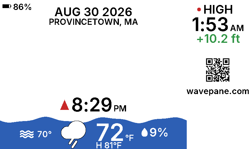 A Wavepane display showing the tide at Provincetown, Massachusetts: the current water level as a wave, the next tide time, and today's weather.