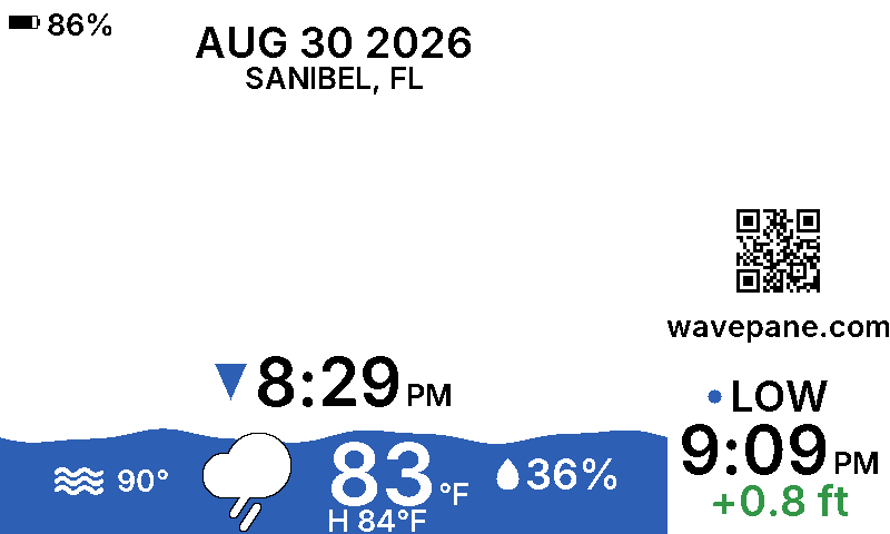 A Wavepane display showing the tide at Sanibel, Florida: the current water level as a wave, the next tide time, and today's weather.