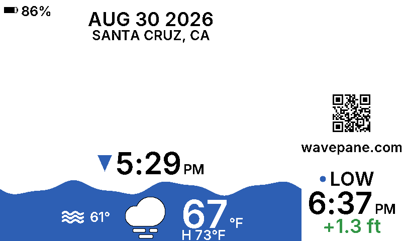 A Wavepane display showing the tide at Santa Cruz, California: the current water level as a wave, the next tide time, and today's weather.