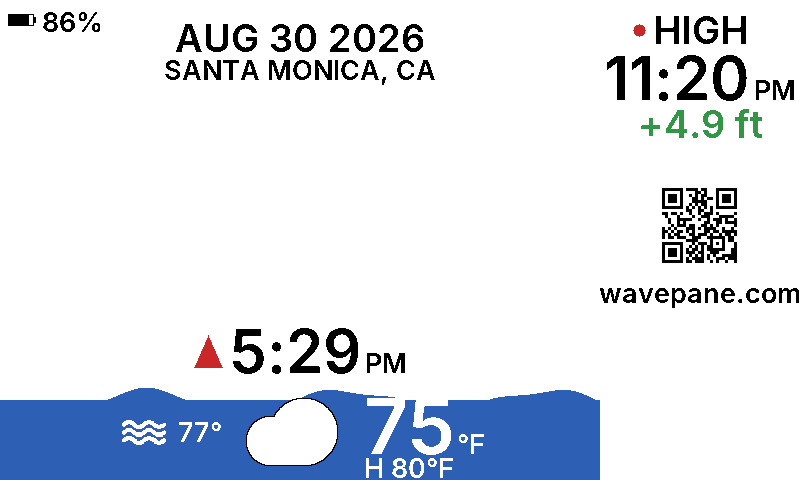 A Wavepane display showing the tide at Santa Monica, California: the current water level as a wave, the next tide time, and today's weather.