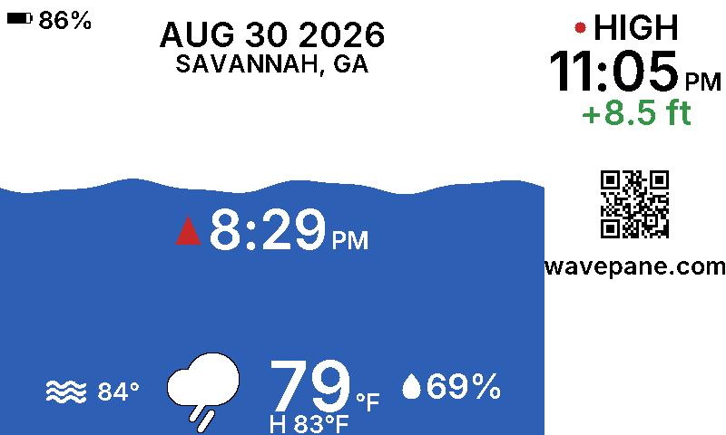 A Wavepane display showing the tide at Savannah, Georgia: the current water level as a wave, the next tide time, and today's weather.