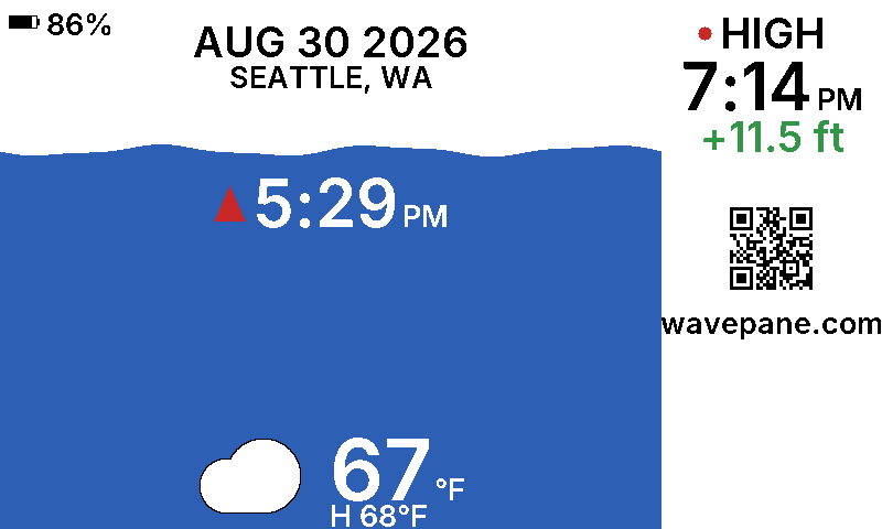 A Wavepane display showing the tide at Seattle, Washington: the current water level as a wave, the next tide time, and today's weather.